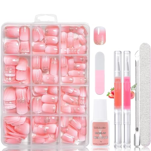 240 Stück Falsche Nägel Zum Aufkleben, Square Rosa Gradient Kurze Künstliche Fingernägel - Nagel Tips Set mit 2 Pcs Nagelöl Stift - Fake Nails mit Kleber für Frauen (Ombre mit Gold Glitzer) von SONGQEE