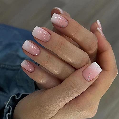 24 Stück Lang künstliche Nägel zum aufkleben - Fake Nails mit Nail Glue - Quadratisch False Nails für Frauen & Mädchen (Short Gradiant Pink) von SONGQEE