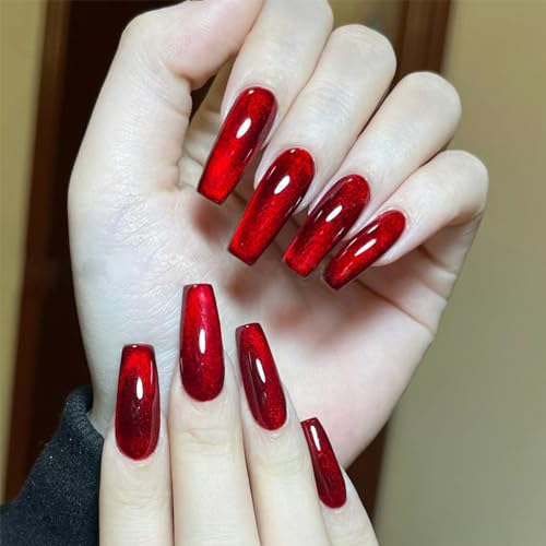 24PCS Long Coffin Press on Nails - Schimmer Rot Lang Ballerina künstliche Nägel Zum Aufkleben Full Cover Fake nails - Acryl Künstliche Fingernägel für Frauen & Mädchen (Red Cat Eye Design) von SONGQEE
