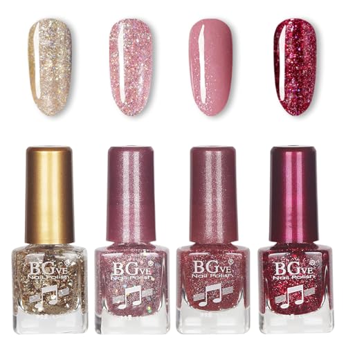 4PCS Glitzer Nagellack Set - Schnell Trocknender & Langanhaltender Lila Rosa Gold Glitter Nail Polish - Ölbasiertes Geschenkset für DIY Nail Art (Shimmer Style) von SONGQEE