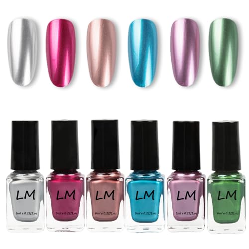 6 Farben Metallic Nagellack Set - Magic Semi-Mirror Effekt Long Lasting Nail Polish - Silber Rosa Blau Grün Metal Nagellack Nail Art zu Hause - Geschenk Set von SONGQEE