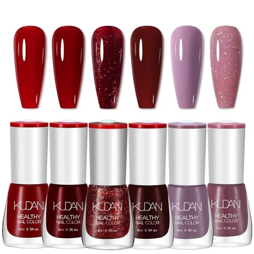 6PCS Rot Nagellack Set - schnell trocknend & langanhaltend Pink Lila Shimmer Nail Polish - ungiftiger auf Wasserbasis - kein UV-Nagellack für DIY Nagelkunst Maniküre zu Hause (6PCS Rot Set) von SONGQEE