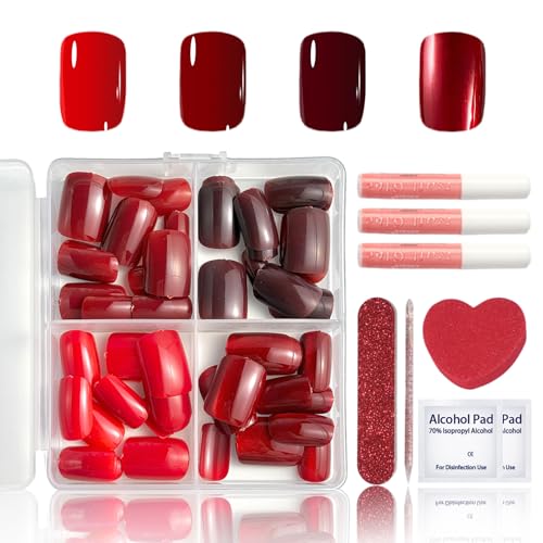 96PCS Press on Nails Kurz – Full Cover Rot Acryl Nagelspitzen Set - Glossy Neu Jahr Künstliche Nägel, Natürliches & angenehmes Tragegefühl für Frauen und Mädchen(Rot & Shimmer Style) von SONGQEE