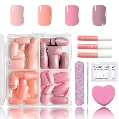96PCS Press on Nails Kurz – Full Cover Rosa Acryl Nagelspitzen Set - Glossy Nude Square Künstliche Nägel, Natürliches & angenehmes Tragegefühl für Frauen und Mädchen (Nude Pink Style Set) von SONGQEE