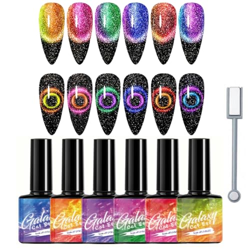 6PCS Cat Eye UV Gel Nagellack Set - 9D Cateye Magnet Shellac Set mit Magnet - Glitzer Cat Eye Gel Nail Polish, Mehrfarbig Soak Off UV LED Gellack Geschenk Set von SONGQEE