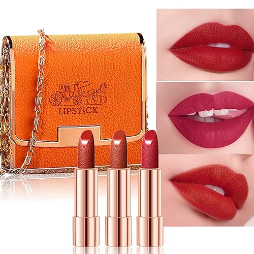 Matte rote Lippenstift-Sets, 3 Farben Lippenstifte Für Frauen Langanhaltendes Make-up Mit Funkelnder Kette Tasche Geschenkbox Wasserdichter Samt Lippenstift Glatte Formel Tierversuchsfrei (Orange von SONGQEE