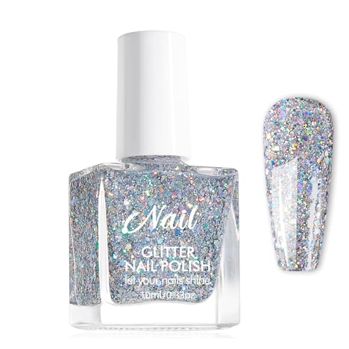 Glitzer Nagellack - Schnelltrocknend Schimmer Nagellack - 10ml Glitzernagellack Holographic Glitter Nail Polish, Sparkling Nail Art Nagellack Ohne UV Lampe (Silber AJY153) von SONGQEE