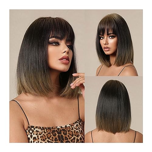 Perücken für Damen Synthetische schwarzbraune Ombre-Bob-Perücke for schwarze Frauen, kurze, gerade Cosplay-Haarperücken mit Pony, hitzebeständige Faser Natürlich aussehende Haarperücken von SONGYL-20249