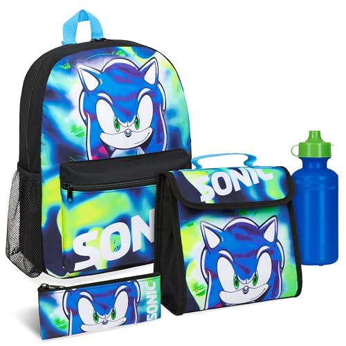 SONIC THE HEDGEHOG Rucksack Kinder 4er Set Trinkflasche Federmäppchen und Lunchtasche Shadow Kinderrucksack Schule Zubehör (Sonic 4er Set) von SONIC THE HEDGEHOG