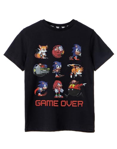 Sonic The Hedgehog Jungen T-Shirt | Kinder Game Over Kurzarm-Grafik-T-Shirt in Schwarz | Pixel 8-Bit Classic Charakter-Artwork Schwänze Dr. Egg Man Top | Gaming Vintage Bekleidung Merchandise Geschenk von Sonic The Hedgehog