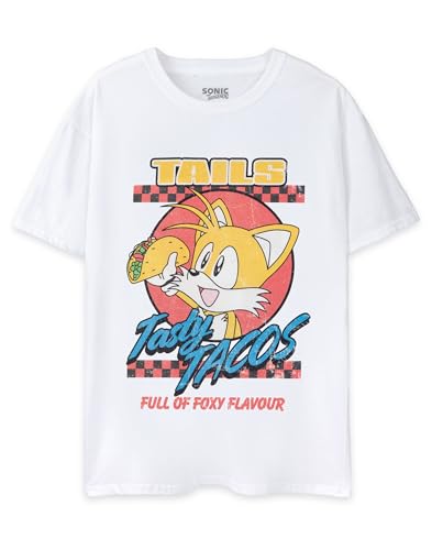 Sonic le hérisson Mens T-Shirt | T-Shirt à Manches Courtes Graphique Blanc Pour adultes | Tails' Tasty Tacos Retro Sonic Top | Vintage en détresse Gamer T Shirt | Cadeau Classique Pour lui von SONIC THE HEDGEHOG