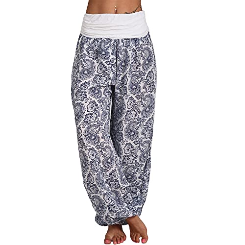 SONIGER Damen Haremhose mit Blumenmuster Sommer Beilufig Yogahose Loose Hippie Pluderhose Baumwolle Harem Hose 3/4 Baggy Hose Leichte Hippie Pluderhose Wei L von SONIGER