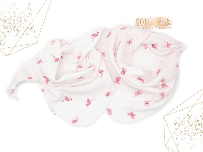 Musselintuch Für Babys Und Kinder/Halstuch Bestickt Flamingo Schmetterling Geschenk Zur Geburt, Taufe Oder Geburtstag von SONIedlich