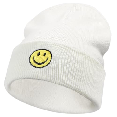 SONMONY Smiley Face Beanie Mützen für Damen Herren Winter Strickmützen Weich Bündchen Warm Smiley Stretchy Beanies Mütze, Weiss/opulenter Garten, Einheitsgröße von SONMONY
