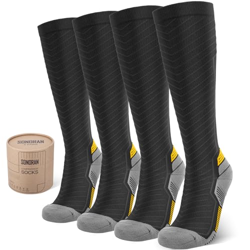 SONORAN 2 Pairs Kompressionsstrümpfe Damen und Herren, Stützstrümpfe Kompressionssocken Compression Socks Kompression für Running, Wandern, Reisen, Sport L/XL（Schwarz Gelb） von SONORAN