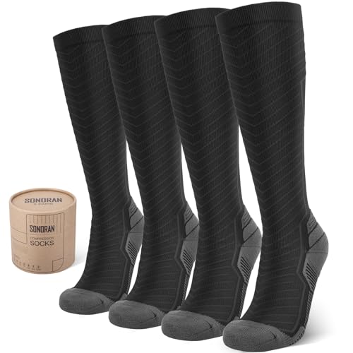 SONORAN 2 Pairs Kompressionsstrümpfe Damen und Herren, Stützstrümpfe Kompressionssocken Compression Socks Kompression für Running, Wandern, Reisen, Sport L/XL （Schwarz Grau） von SONORAN