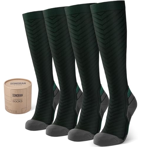 SONORAN 2 Pairs Kompressionsstrümpfe Damen und Herren, Stützstrümpfe Kompressionssocken Compression Socks Kompression für Running, Wandern, Reisen, Sport L/XL (Schwarz Grün) von SONORAN