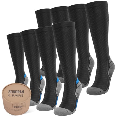 SONORAN 4 Pairs Kompressionsstrümpfe Damen und Herren, Stützstrümpfe Kompressionssocken Compression Socks Kompression für Running, Wandern, Reisen, Sport L/XL (Schwarz Grau&Blau) von SONORAN