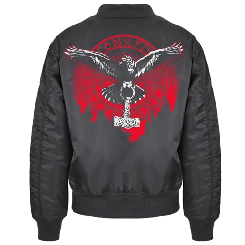 Herren Bomberjacke Pilotenjacke Odins Raben mit Thors Hammer Wikinger Kampf von SONS OF ODIN