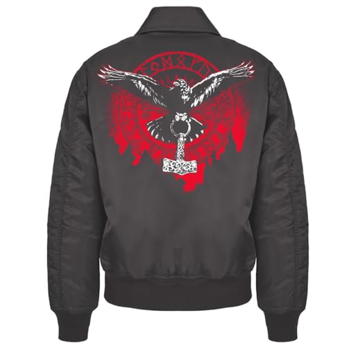 Herren CWU Bomberjacke mit Kragen Odins Raben mit Thors Hammer Wikinger Kampf von SONS OF ODIN