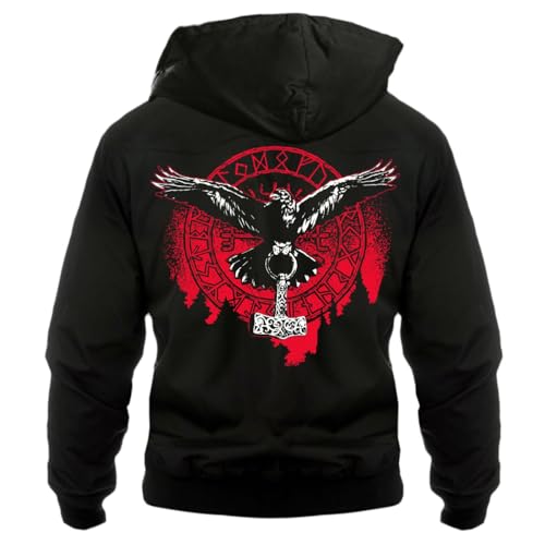 Herren Harrington Jacke mit Kapuze Odins Raben mit Thors Hammer Krieger Asgard von SONS OF ODIN