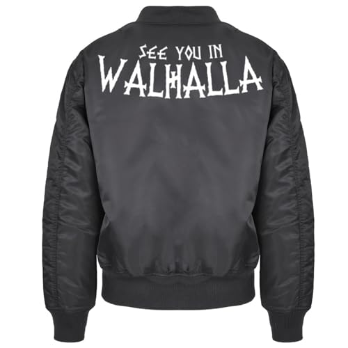 SONS OF ODIN Herren Bomberjacke Pilotenjacke See you in Walhalla Vikings Runes White von SONS OF ODIN
