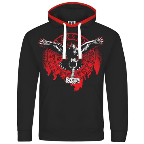 Herren Kapuzenpullover Odins Rabe mit Thors Hammer Wikinger Motiv wotansknoten von SONS OF ODIN