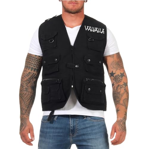 SONS OF ODIN Herren Weste mit vielen Taschen Walhalla Runenschrift Wikinger outdoor bushcraft von SONS OF ODIN