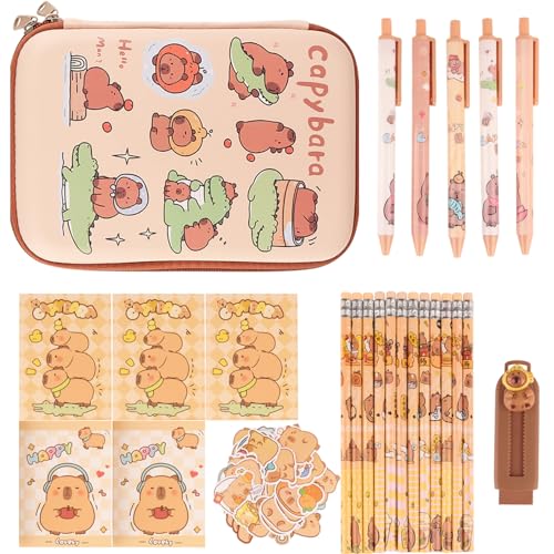 SOOCUTE Capybara Federmäppchen mit Schulbedarf, niedliches Federmäppchen, Schreibwaren-Set enthält 5 Gelstifte, 5 Notizbücher, 12 Bleistifte, 1 einziehbarer Radiergummi, 50 Aufkleber, Geschenke für von SOOCUTE
