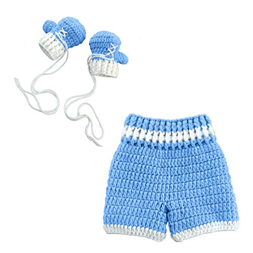 SOONHUA Fotografie Requisiten Baby Häkeln Gestrickte Boxhandschuhe Hosen Kleidung Dusche Geschenk Outfit für 0-4 Monate Jungen Mädchen, himmelblau/blau, 0-3 Monate von SOONHUA