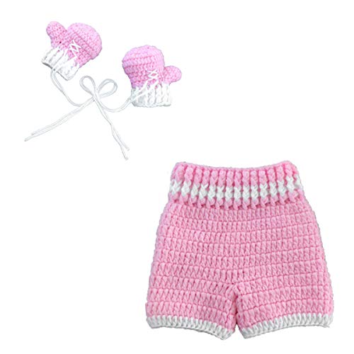 SOONHUA Fotografie Requisiten Baby Häkeln Gestrickte Boxhandschuhe Hosen Kleidung Dusche Geschenk Outfit für 0-4 Monate Jungen Mädchen, rose, 0-3 Monate von SOONHUA