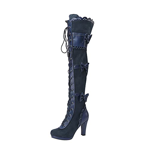 SOOUICKER Overknee-Stiefel für Damen, kniehoch, Steampunk-Stil, Gothic, viktorianischer Stil, Schnürstiefel, blau, 39 EU von SOOUICKER