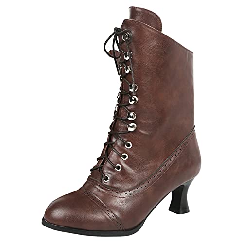 Damen-Stiefeletten mit mittlerer Waden, breite Passform, Gothic-Steampunk-Stiefeletten für Damen mit Absatz, braun, 36 EU von SOOUICKER