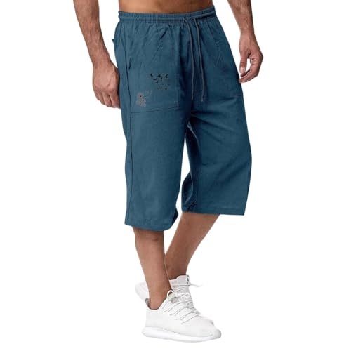 SOOUICKER 3/4 Hose Herren Leinen Weites Bein Bermuda Shorts Herren Vintage Leinenhose Kurz Gummizug Outdoor Kurze Hosen Leicht Knielang Elegant von SOOUICKER