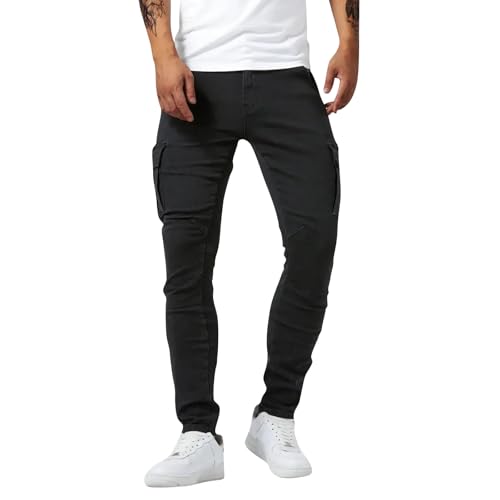 SOOUICKER Cargo Jeans Herren Stretch Skinny Jeans Herren mit Seitentaschen Cargohose Herren Jeans Hosen Herren Modern Slim Fit Schwarze Jeans Herren Skinny Jeans Comfort Fit Elastisch von SOOUICKER