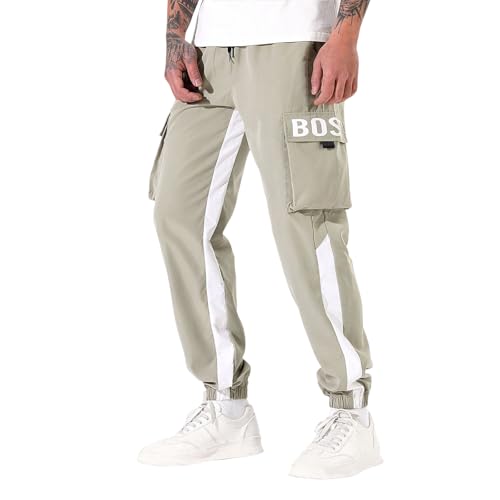 SOOUICKER Cargo Jogginghose Herren Baggy Cargohose Stretch Viele Taschen Trainingshose Streifen Sporthose Lang Cargo Freizeithose mit Seitentaschen Wanderhose Sommer von SOOUICKER