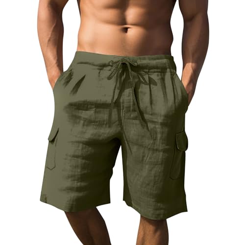 SOOUICKER Cargo Shorts Herren Leinen Sommer Leinenhose Herren Kurz Weit Kurze Hosen Herren Leinen Leichte Sommerhose Herren Kurz Bermuda Shorts Herren mit Gummizug Leicht von SOOUICKER