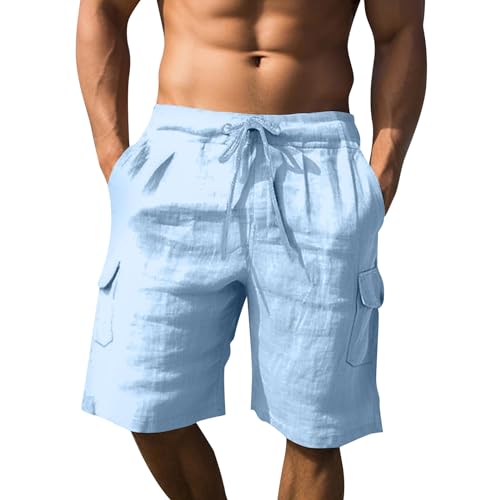 SOOUICKER Cargo Shorts Herren Leinen Sommer Leinenhose Herren Kurz Weit Kurze Hosen Herren Leinen Leichte Sommerhose Herren Kurz Bermuda Shorts Herren mit Gummizug Leicht von SOOUICKER
