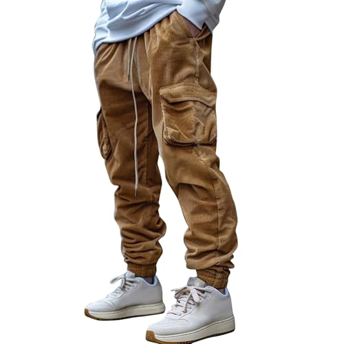 SOOUICKER Cargohose Herren Baggy Gummizug Cordhose Cargo Chino Hose mit Seitentaschen Jogger Jogginghose Cord Locker Freizeithose Modern mit Bündchen von SOOUICKER