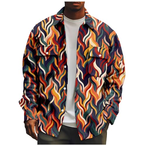 SOOUICKER Cordhemd Herren Bunt Hemdjacke Herren Cord Cordjacke Herren Vintage Herbstjacke Herren Hemd Sweatjacke Herren 3D Druck Ohne Kapuze Cordjacke Herren Print Muster von SOOUICKER