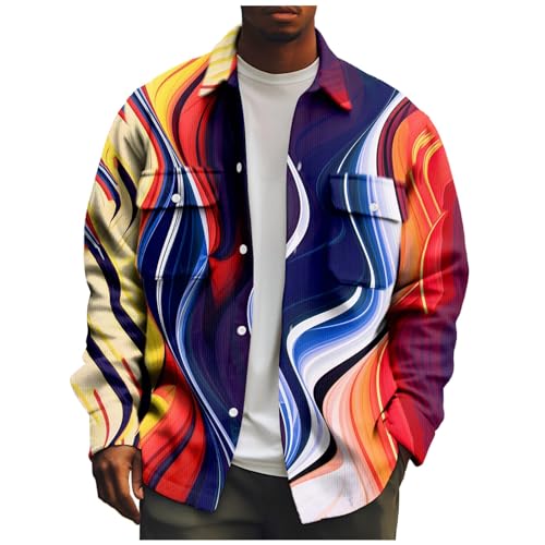 SOOUICKER Cordhemd Herren Bunt Hemdjacke Herren Cord Cordjacke Herren Vintage Herbstjacke Herren Hemd Sweatjacke Herren 3D Druck Ohne Kapuze Cordjacke Herren Print Muster von SOOUICKER