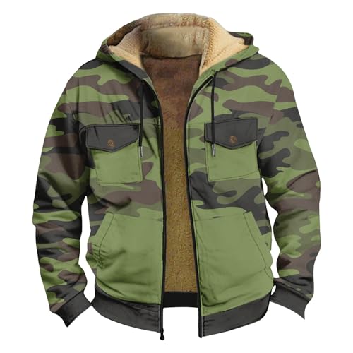 SOOUICKER Fleecejacke Herren Camouflage Kapuzenjacke Gefüttert Tarn Winterjacke Vintage übergröße Sweatjacke Winter mit Kapuze Übergangsjacke Fleece Sportlich Zip Hoodie Herren Warm von SOOUICKER