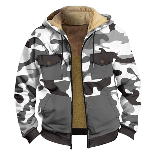 SOOUICKER Fleecejacke Herren Camouflage Sweatjacke Winter mit Kapuze Winterjacke Vintage übergröße Kapuzenjacke Gefüttert Tarn Übergangsjacke Fleece Zip Hoodie Herren Warm von SOOUICKER