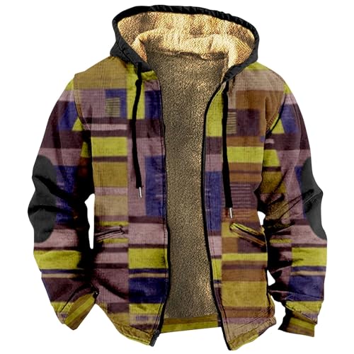 SOOUICKER Fleecejacke Herren Mit Kapuze, Gefüttert Zip Hoodie Mit Print, Kariert Vintage Sweatjacke, Fleece Hoodie Mit Reißverschluss von SOOUICKER