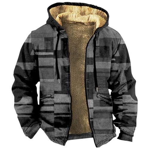 SOOUICKER Fleecejacke Herren mit Kapuze, Gefüttert Zip Hoodie mit Print, Kariert Vintage Sweatjacke, Fleece Hoodie mit Reißverschluss von SOOUICKER