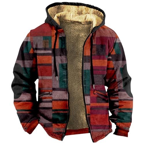 SOOUICKER Fleecejacke Herren Mit Kapuze, Gefüttert Zip Hoodie Mit Print, Kariert Vintage Sweatjacke, Fleece Hoodie Mit Reißverschluss von SOOUICKER