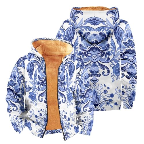 SOOUICKER Fleecejacke Herren Vintage Gefüttert Winterjacke Muster Fleece Sweatjacke mit Kapuze Zip Hoodie Herren Winter Oversize Kapuzenjacke Warm Print Teddyfleece Jacke Outdoor von SOOUICKER