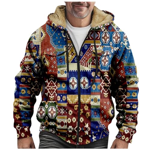 SOOUICKER Fleecejacke Herren Vintage Muster Winterjacke Herren Gefüttert Kariert Sweatjacke Herren mit Kapuze Warm Übergangsjacke Herren Fleece Bunt Kapuzenjacke Herren Winter mit Aufdruck von SOOUICKER
