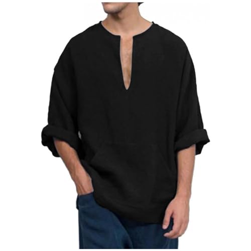 SOOUICKER Freizeithemden für Herren Kurzarm Hemd 3/4 Arm Herren Freizeithemden für Herren Sommer Hemd Herren Ohne Kragen Kurzarmhemd Herren Große Größen Leicht Hemd V Ausschnitt von SOOUICKER