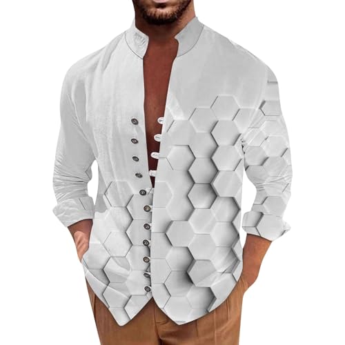 SOOUICKER Freizeithemden für Herren Sommer Stehkragen Hemd Herren 3D Druck Sommerhemd Herren Muster Comfort Fit Hemd Herren Langarm Bunt Hemd Herren Urlaub Vintage Hemd Herren Hippie von SOOUICKER